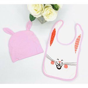 Baby Easter Theme Bunny Beanie Cap Hat & Bib Set One Size Fits All Pink White